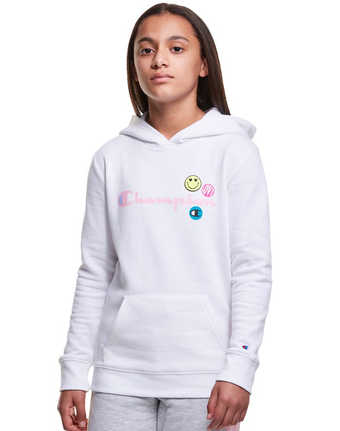 Champion Fleece Smiley Face Kiz Çocuk Kapşonlu Sweatshirt Beyaz ( ZIOMWU461 )